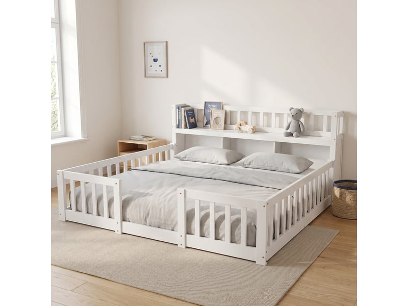  Lit enfant montessori 140x200 cm, lit simple, lit au sol montessori avec bibliothèque et barrières, bois, sommier, blanc  - Conforama B