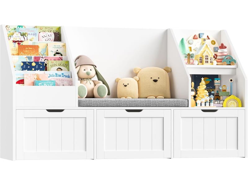  Meuble rangement enfant bibliothèque enfant avec banc 9 étagères 3 tiroirs roulants coussin amovible rangement jouet 140x39.5x80cm blanc  - Conforama A
