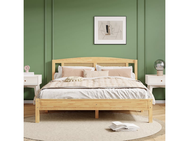  Lit double 160x200 cm, avec tête de lit cannage, cadre de lit style bohème chic, structure en bois de pin massif, sommier à lattes, naturel  - Conforama C