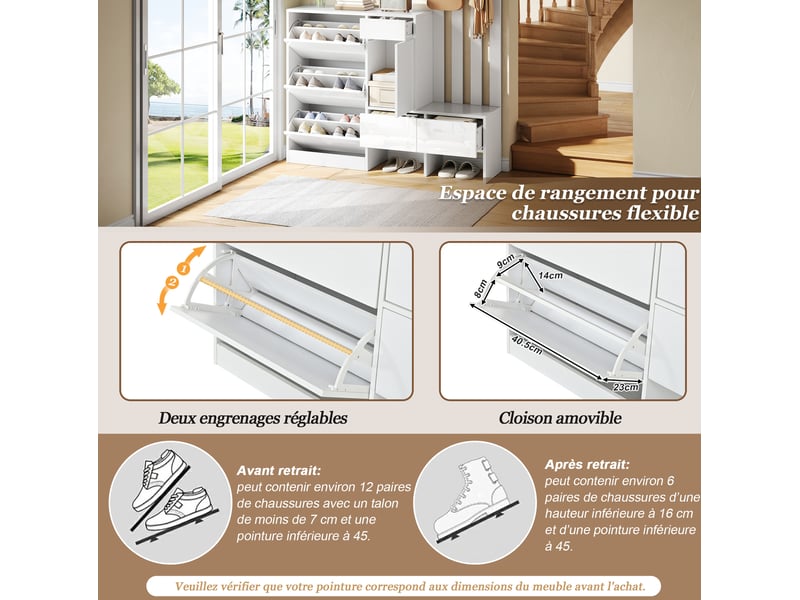  Meuble d'entrée avec 3 abattants à chaussures, 3 tiroirs, banc et patères pour couloir, mdf blanc, 160 × 35 × 160 cm  - Conforama E
