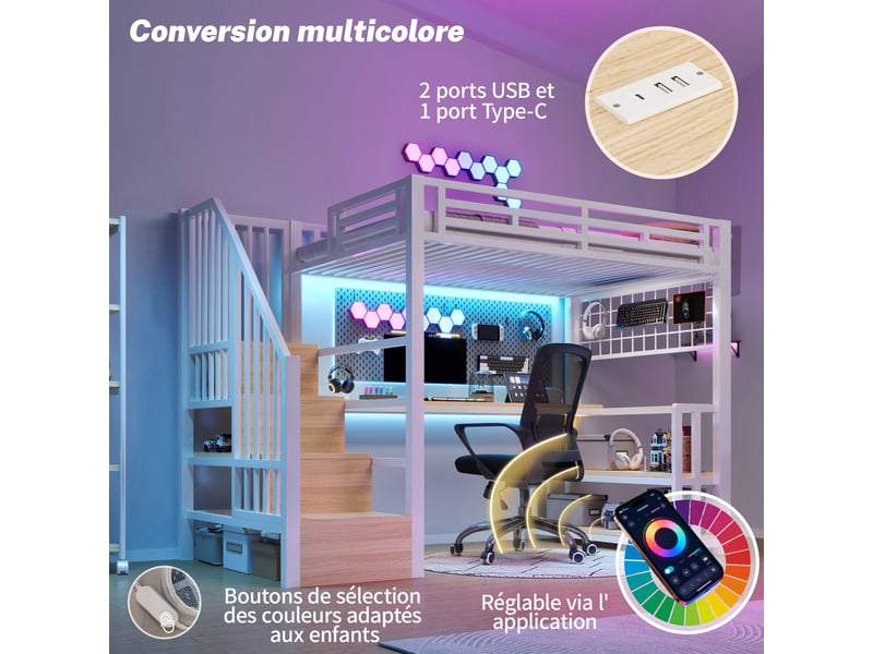  Lit mezzanine enfant 90 x 200 cm avec bureau intégré, rangements, structure en métal et mdf, led réglable par application  - Conforama B