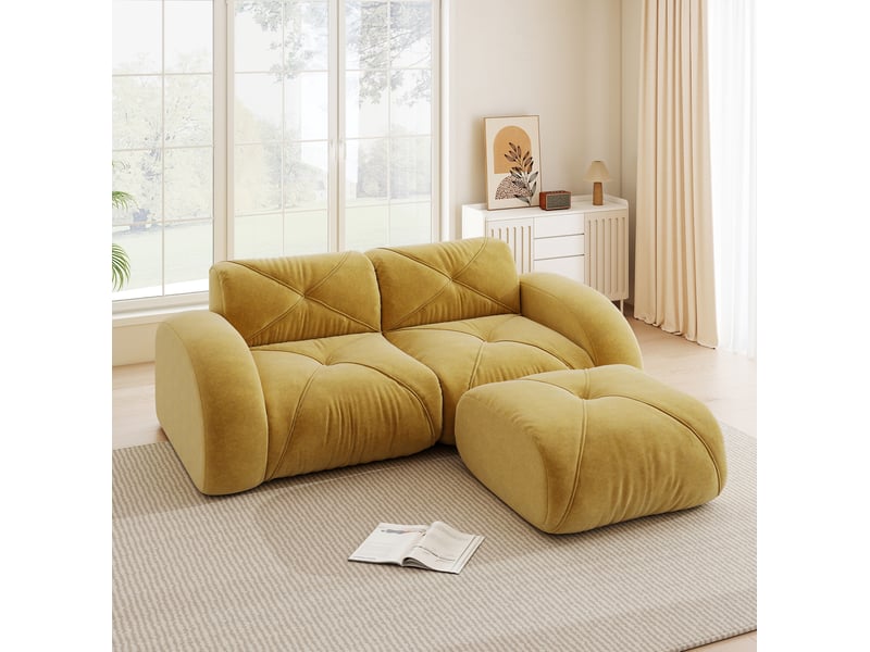  Canapé modulable 2 places en tissu jaune avec pouf, mousse haute densité 32d, idéal pour le salon familial  - Conforama B