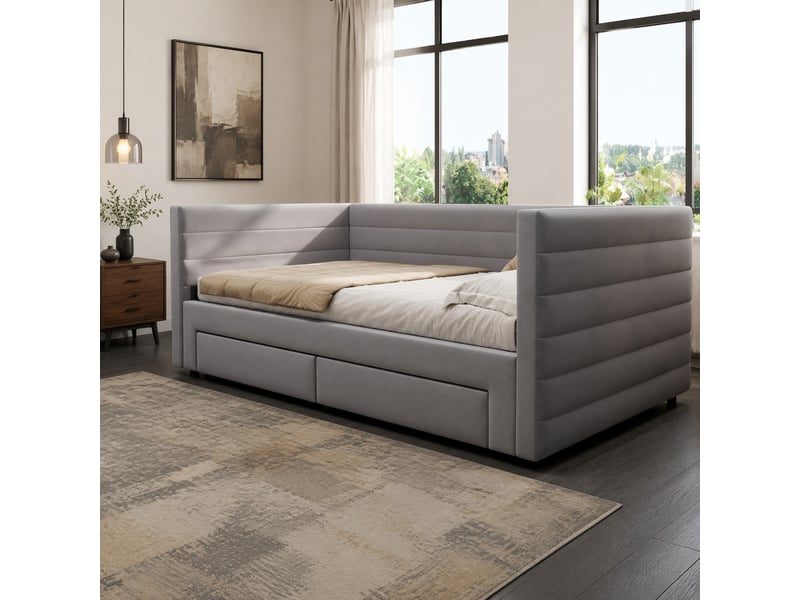  Lit simple 90x190+180x190 cm convertible en lit double, en coton et lin gris  - Conforama D