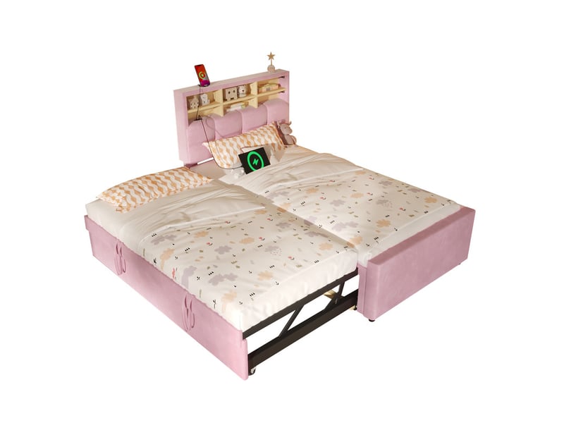 Lit pour enfant 90 x 200 cm – avec lit gigogne – avec port usb-c – velours – rose (matelas non inclus) - Conforama A