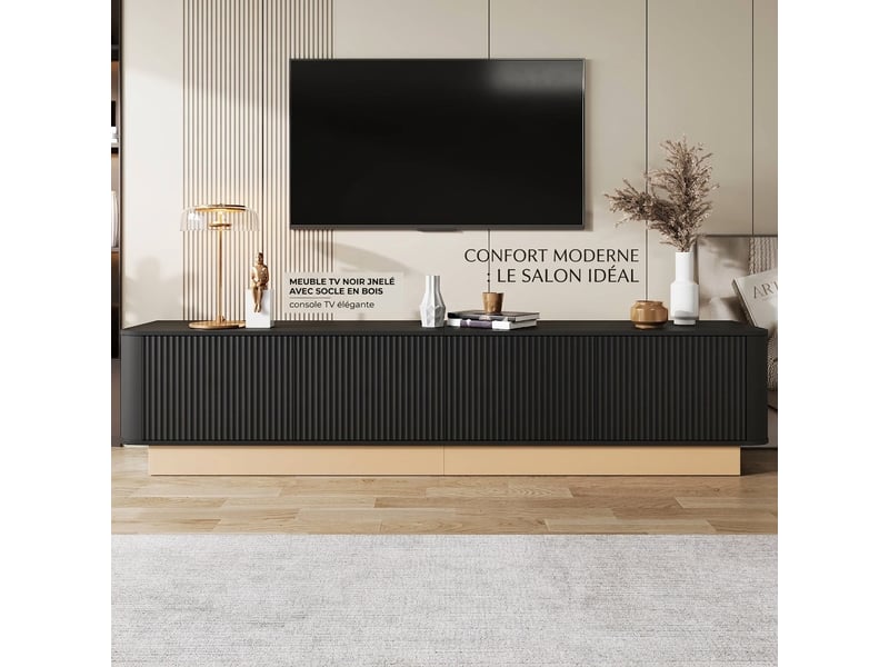  Meuble tv noir 200 cm avec 4 portes nervurées, étagères réglables et coins arrondis  - Conforama E