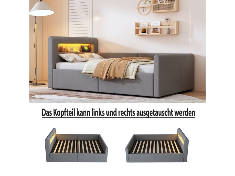  Lit coffre enfant 90x200 cm, led, port usb, espace de rangement, sommier, velours gris clair, sans matelas  - Conforama D