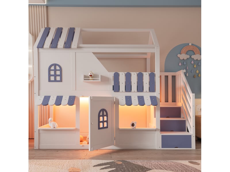  Lit superposé enfant 90x200 cm maison avec led bois blanc et bleu sans matelas  - Conforama B
