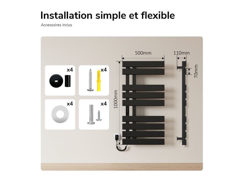 Emke sèche-serviettes électrique salle de bain wifi 320w noir 1000 x 500 mm chauffage sec mural  - Conforama E