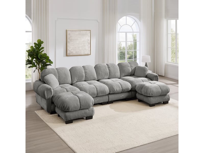  Canapé modulable 4 places 330 cm canapé droit en tissu chenille avec 2 pouf mobile, design matelassé, coussins épais, dossier ergonomique, gris clair Seren Glow - Conforama B