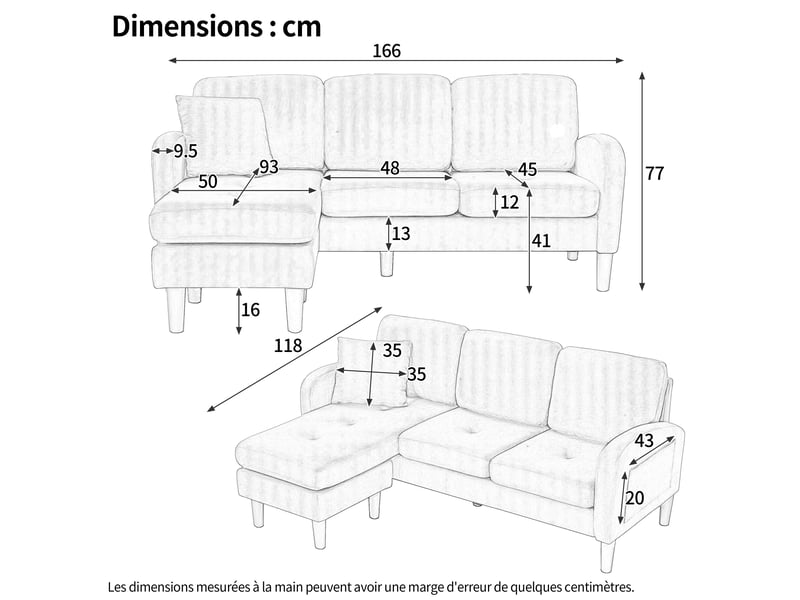  Canapé d'angle en l modulable, canapé 3 places velours côtelé bleu avec méridienne réversible, adapté aux petits espaces, 166x118x77 cm.  - Conforama B