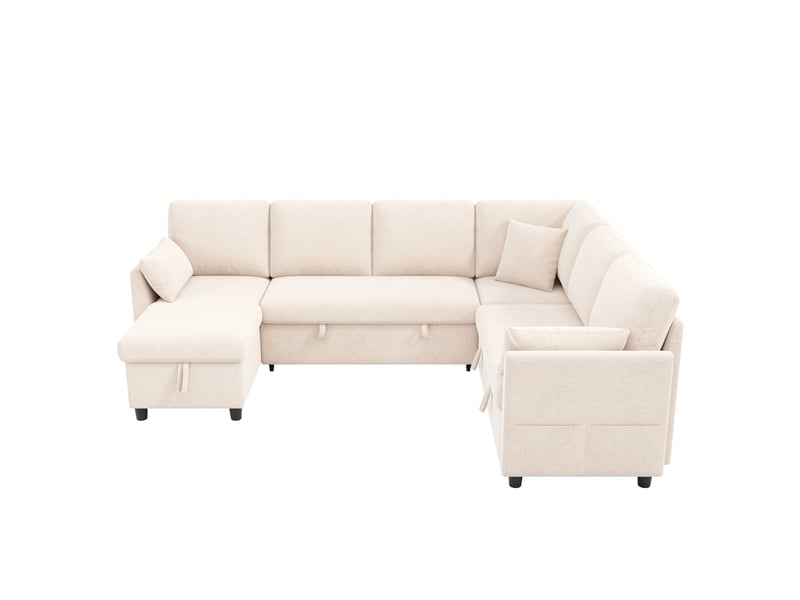  Canapé d’angle convertible 6 places avec rangement 255x196x85 cm beige  - Conforama R