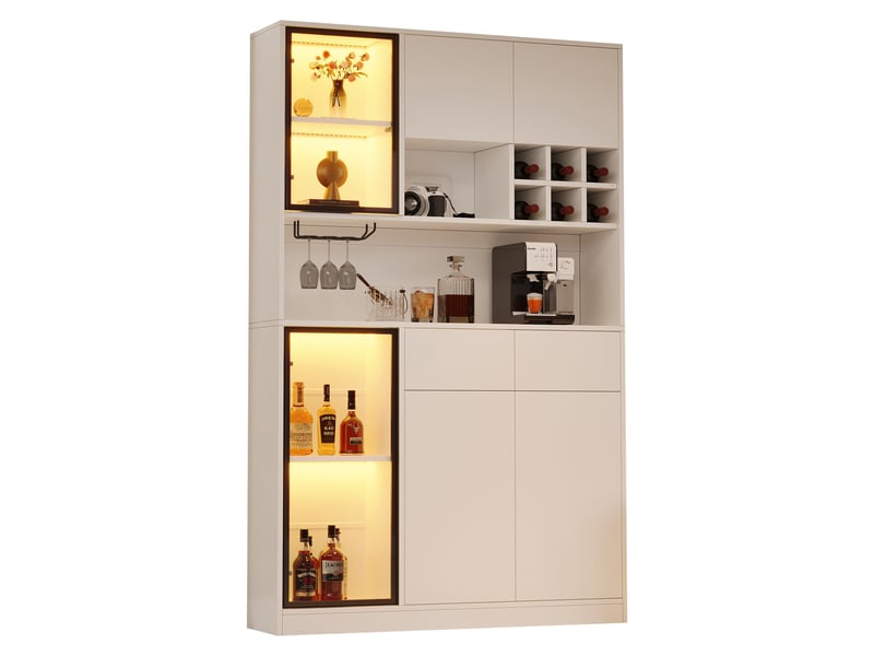 Vitrine 120x33x200 cm blanche avec led, 6 portes, 2 tiroirs, niches ouvertes et étagères réglables Fay Lum - Conforama A