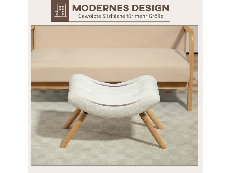  Pouf 67x45x38 cm avec assise en tissu bouclette, bois, blanc crème  - Conforama D