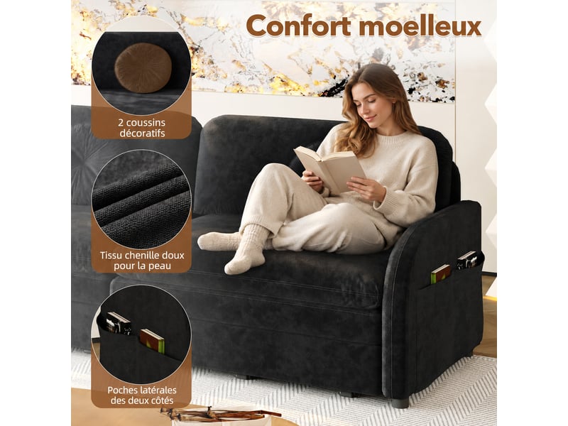  Canapé 3 places convertible en chenille, 206 x 84 x 90 cm, lit coulissant avec dossier réglables et poches de rangement, noir  - Conforama E