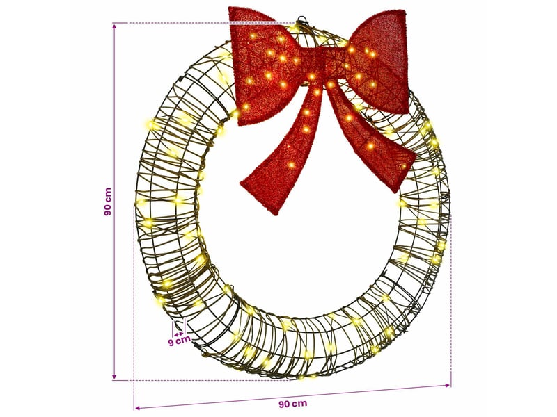  Couronne de noël, décoration de noël blanc chaud 90 x 90 x 9 cm rotin 80 led cf61770  - Conforama E