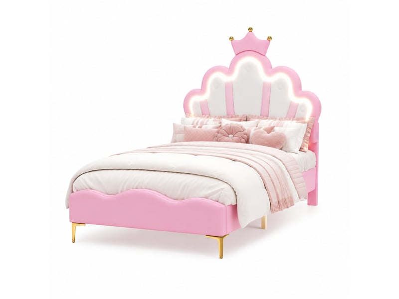  Lit simple enfant 200×90 cm en forme de couronne avec éclairage led réglable, revêtement en similicuir rose  - Conforama A