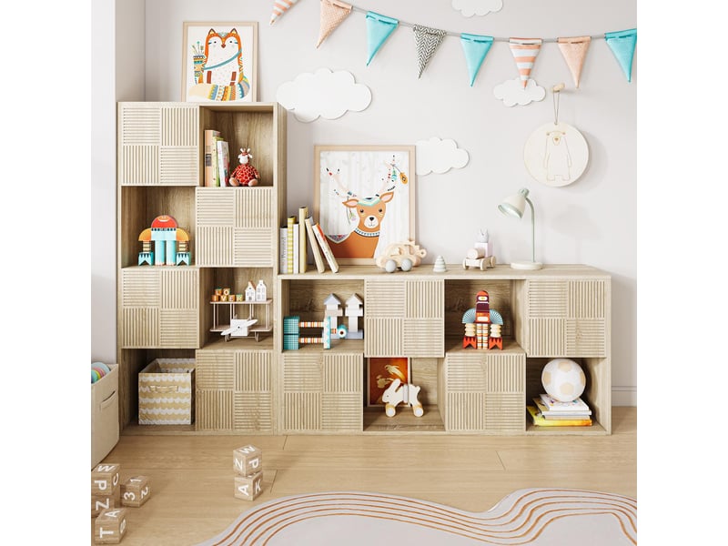  Bibliothèque 8 cases - 60x30x125cm - meuble de rangement modulaire étagères ouvertes &amp; portes cannelées - bois naturel  - Conforama B