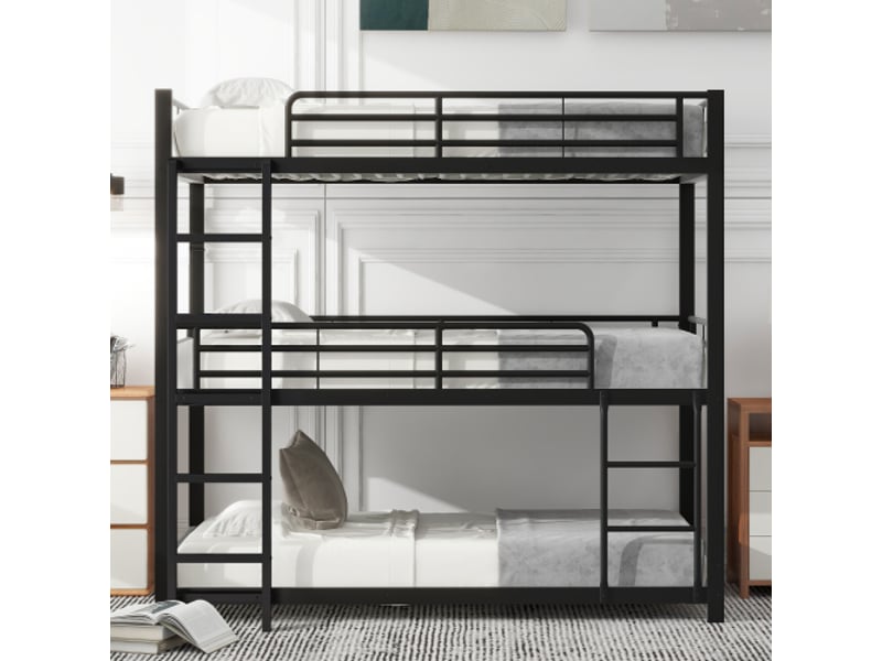  Lit superposé triple 90x200 cm métal noir, enfantadoadulte. Idéal chambre partagée sans matelas.  - Conforama R