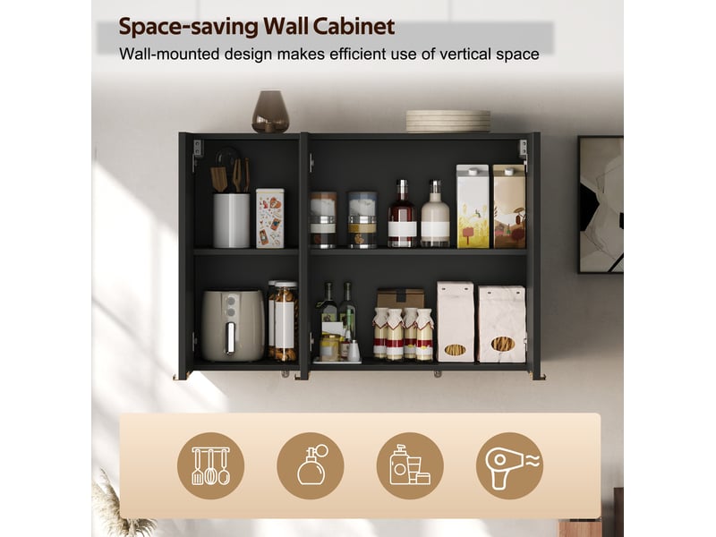  Armoire murale avec 3 portes, rangement fermé et poignées dorées, pour cuisine, en mdf noir, 90 × 29 × 60 cm  - Conforama E