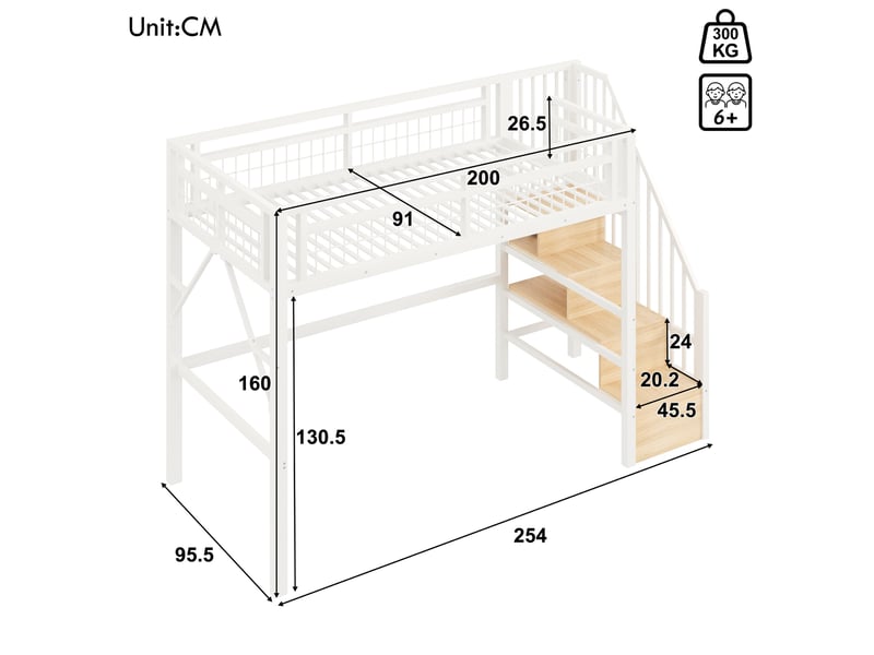  Lit mezzanine enfant 90 x 200 cm avec escalier de rangement et led, blanc  - Conforama C