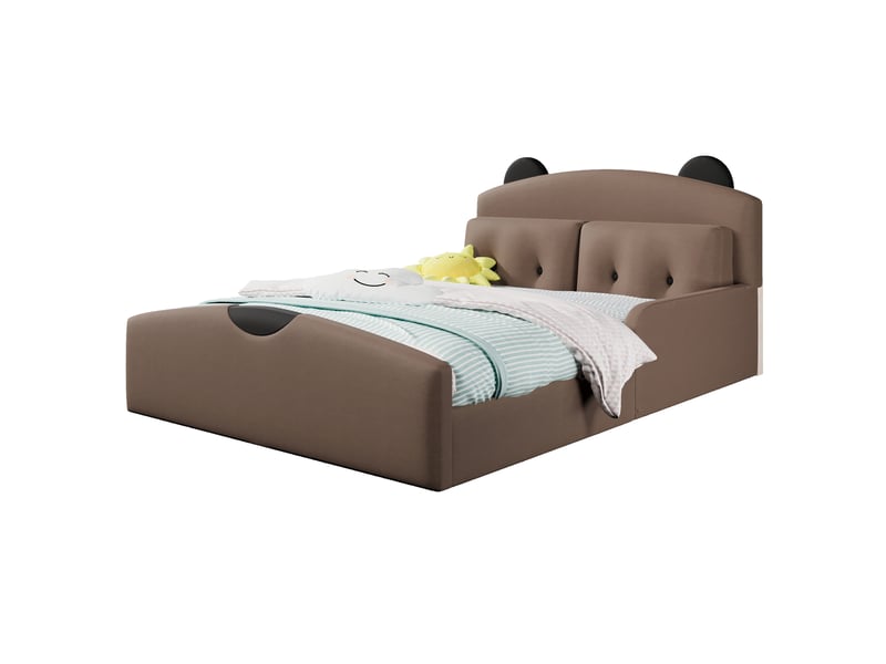  Lit enfant 2 places 140×200 cm avec tête de lit ours rembourrée - okmyhome- 2 coussins, lin café, sans matelas  - Conforama A