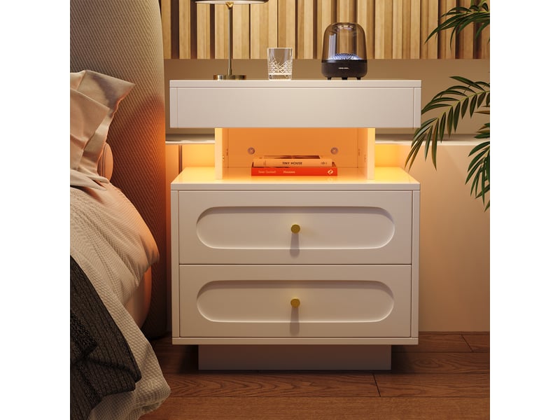  Lot de 2 tables de chevet 4 tiroirs 2 niches coloris blanc led panneau de particules table de chevet blanc - Conforama D