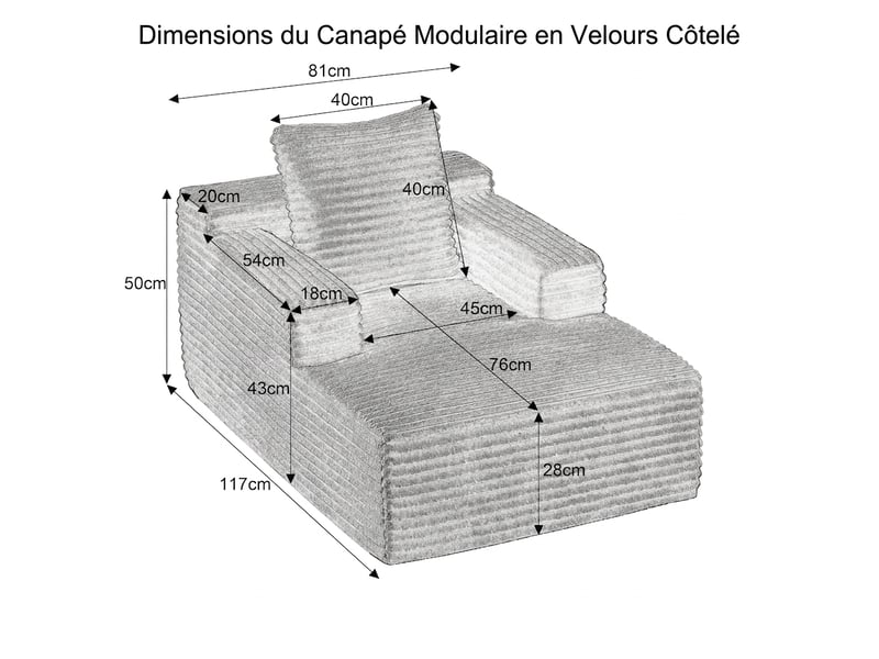  Méridienne en velours côtelé canapé 1 place rose sans accoudoirs  - Conforama E
