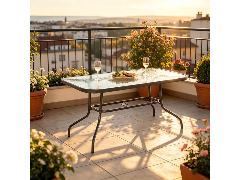 Table de patio élégante, table extérieure rectangulaire, table à manger avec trou parasol intégré - Conforama B