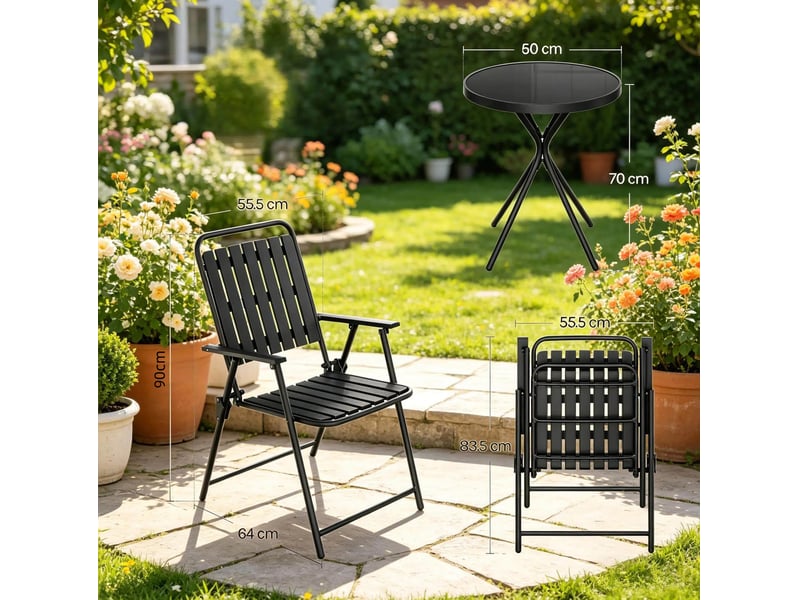  Salon de jardin 3 pièces pliant avec table ronde en verre et 2 chaises noires  - Conforama C