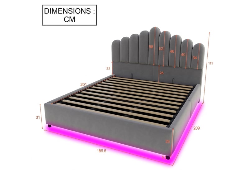  Lit coffre 180x200 velours gris avec rangement hydraulique et éclairage led sans matelas  - Conforama C