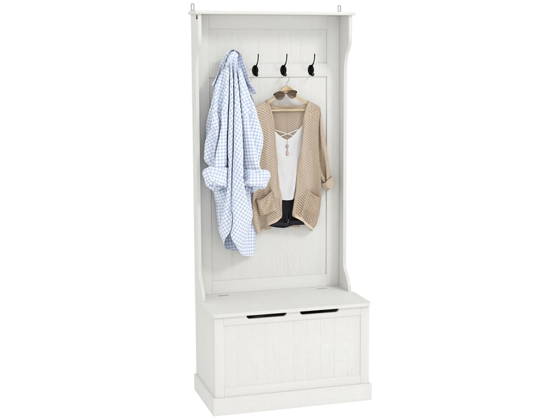 Porte-manteau avec banc de rangement pour chaussures, 4 crochets, style moderne, 71,5 x 39,5 x 170 cm, blanc - Conforama A