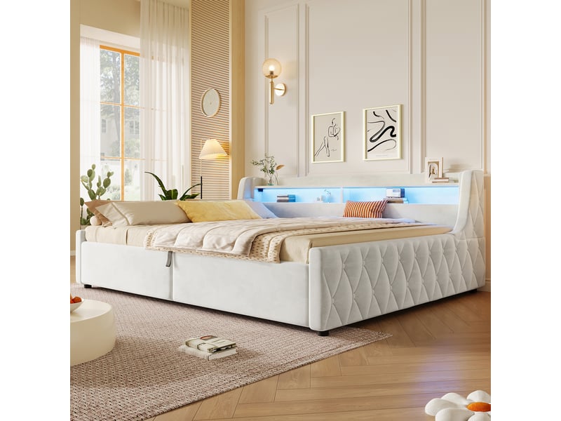  Lit rembourré 140x200 cm, coloris blanc cassé, rangement hydraulique et led, livré sans matelas.  - Conforama D