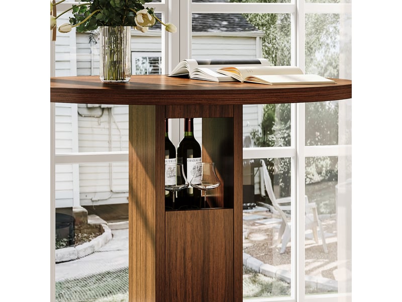  Ensemble table haute ronde avec deux tabourets, diamètre 80 cm, rangements intégrés, panneaux de particules et acier, effet noyer  - Conforama R