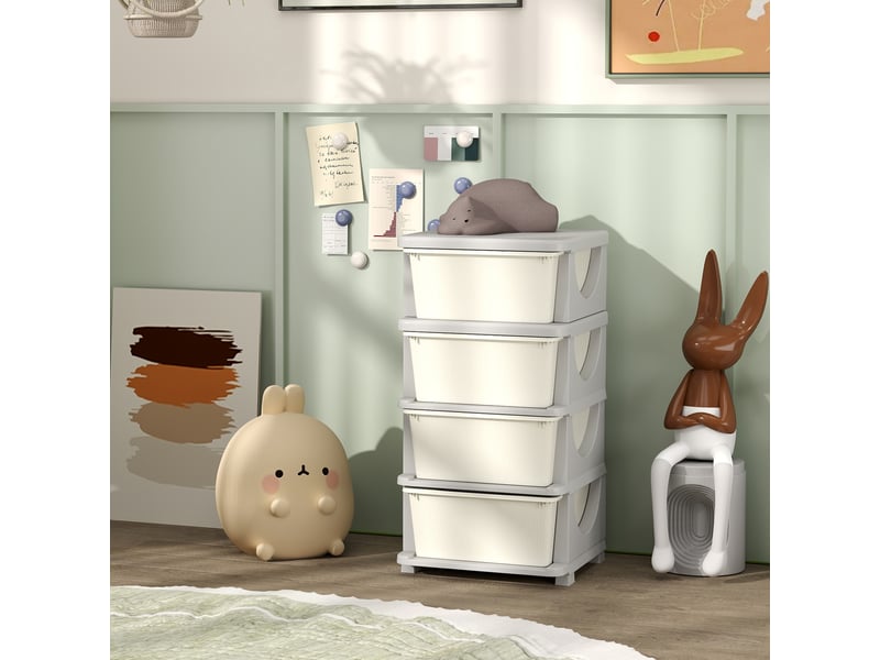  Boîtes de rangement pour enfants, 4 grands tiroirs, bords arrondis, plastique, 37 x 37 x 76 cm, blanc crème  - Conforama C
