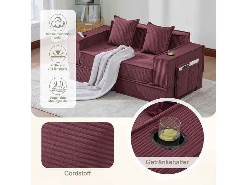  Canapé convertible, canapé-lit – avec rangement, 2 places, en tissu, avec pouf, porte-gobelets  - Conforama R