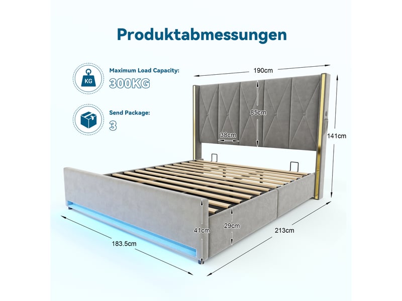 Lit coffre 180x200 cm, lit double, rangement hydraulique, led, velours gris foncé, port usb - Conforama A
