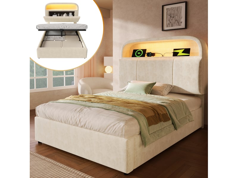 Lit enfant coffre 90x200 cm lit 1 place, tête réglable led 16 couleurs ports de chargement velours beige avec matelas - Conforama E