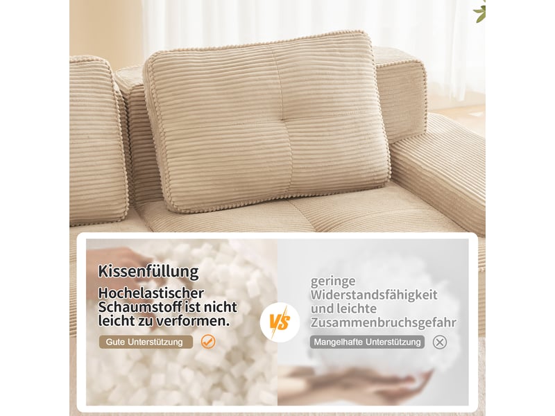  Canapé modulable 4 places en velours côtelé beige avec méridienne en l et assise profonde de 74 cm  - Conforama W