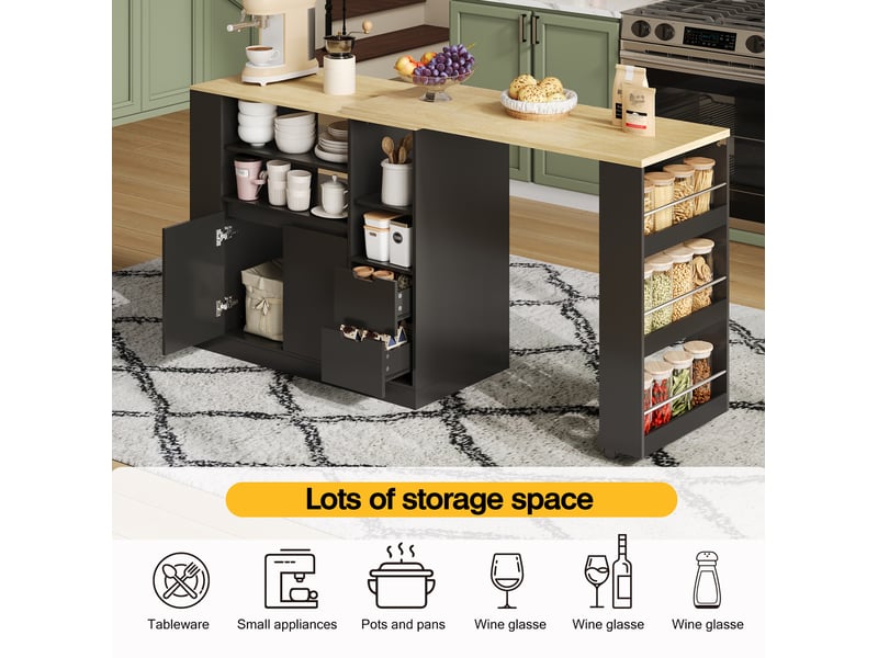  Îlot de cuisine 115x50x92 cm plateau pivotant et extensible mdf noir et naturel  - Conforama D