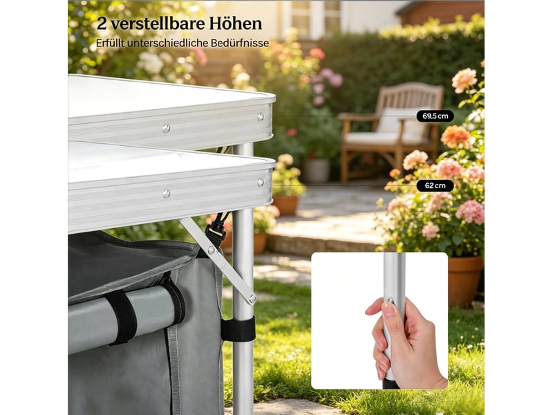 Table de camping pliante blanche et grise 120 x 47 cm, réglable en hauteur avec sac suspendu pour jardin - Conforama D