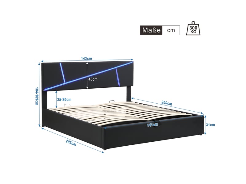 Lit double avec rangement hydraulique et led 140x200 cm, tête de lit en pu noir  - Conforama C