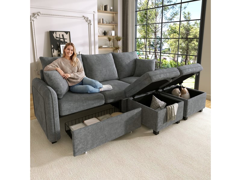 Canapé d’angle en u 3 places modulable et convertible en lit une personne, tissu chenille gris foncé, 2 poufs et rangements - Conforama C