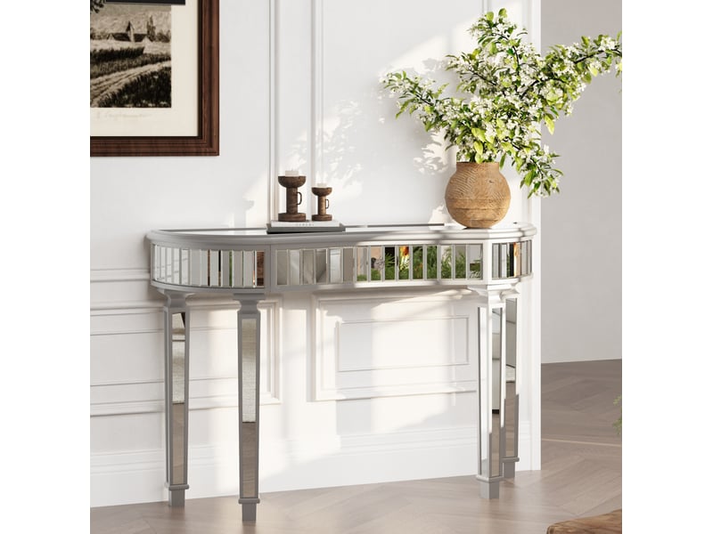  Console demi-lune miroir 120x38x78 cm gris et argenté avec tiroir  - Conforama E