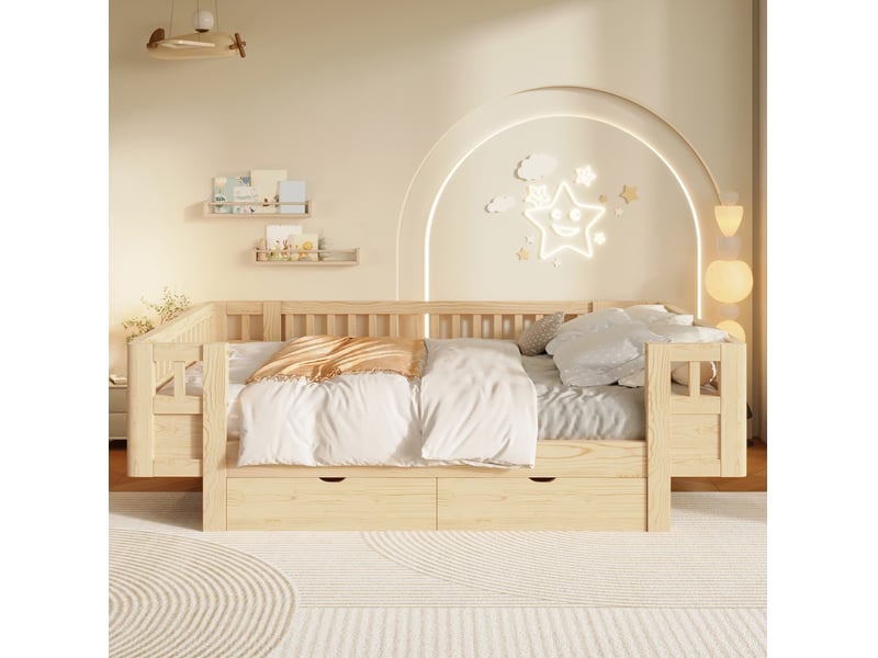  Lit 140x200, avec 2 tiroirs et hautes barrières de sécurité, bois et mdf, style scandinave, aspect bois, sans matelas  - Conforama D