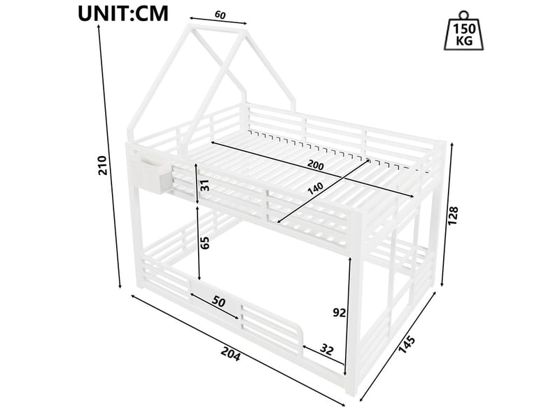  Lit mezzanine en métal 140x200 cm - avec led, poches de rangement en tissu - avec barrières de sécurité - blanc (sans matelas)  - Conforama C