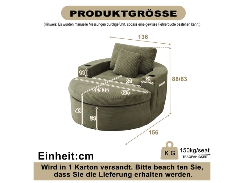 Fauteuil 1 places - 136x156x88 cm - fauteuil poire indépendant en velours côtelé avec ottoman, porte-gobelets - vert - Conforama E