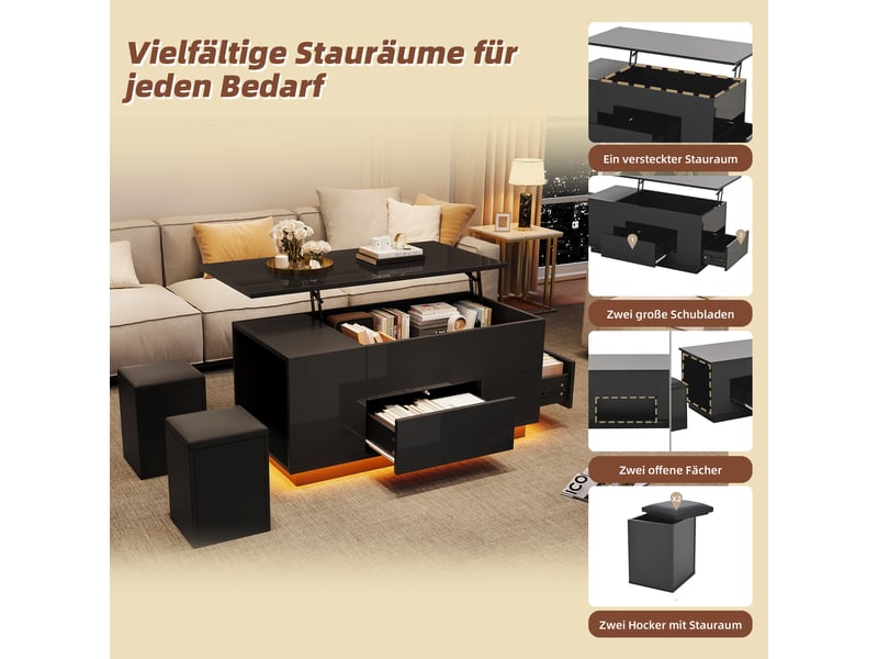  Table basse relevable avec 2 tiroirs, led et rangement pour salon 100×50×45 cm en panneaux de particules noir  - Conforama C