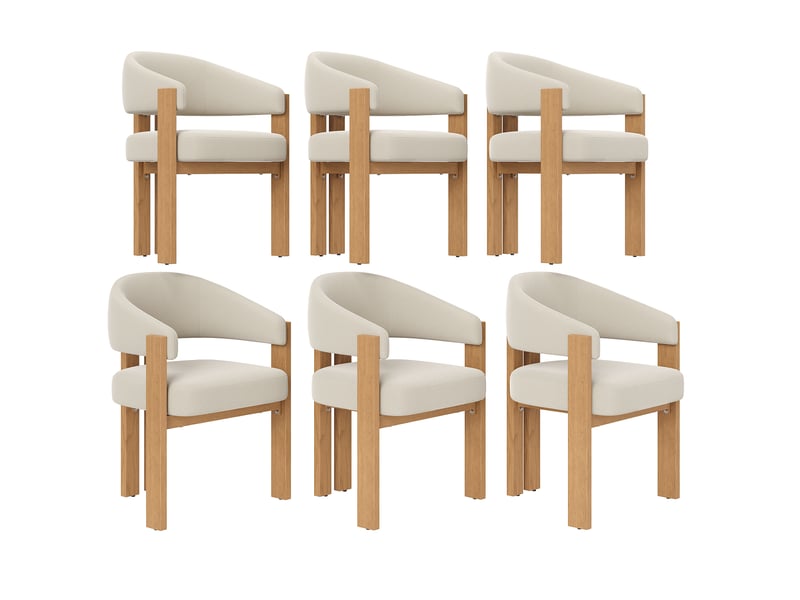  Lot de 6 chaises de salle à manger beige, dossier ergonomique, assise rembourrée, pieds métal effet bois naturel, patins réglables, charge 150 kg  - Conforama A