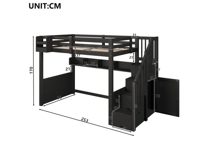  Lit mezzanine modenvie 90 x 200 cm avec escalier de rangement, éclairage led, rangements intégrés, noir  - Conforama C