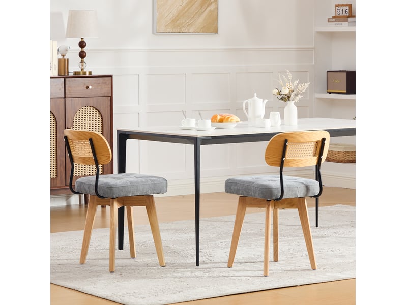  Chaise de salle à manger lot de 2 pivotante à 360° avec dossier en rotin tressé et assise en chenille gris  - Conforama D